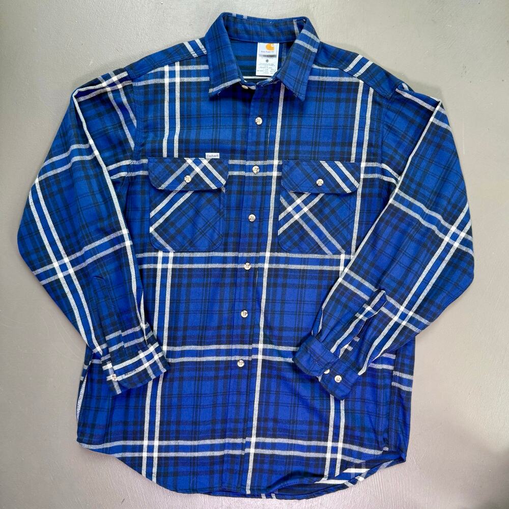 Carhartt Flannel Button Up Shirt Blue Plaid 100% Cotton L NWOT